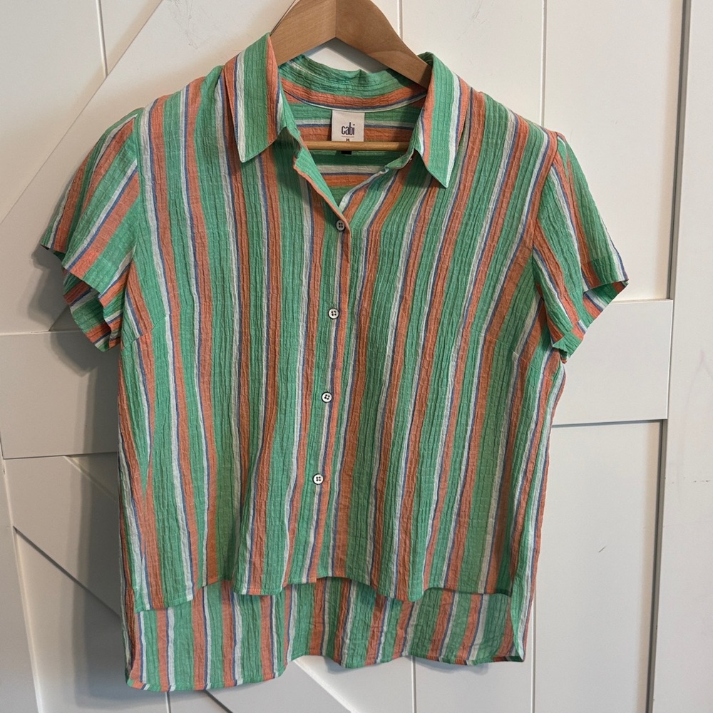 CAbi Camp Green and Orange Button Up Multicolor Striped Shirt Women’s Medium